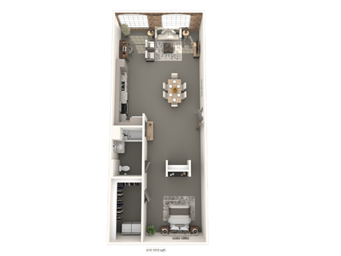 A floor plan of a house with a kitchen, living room, and two bedrooms.
